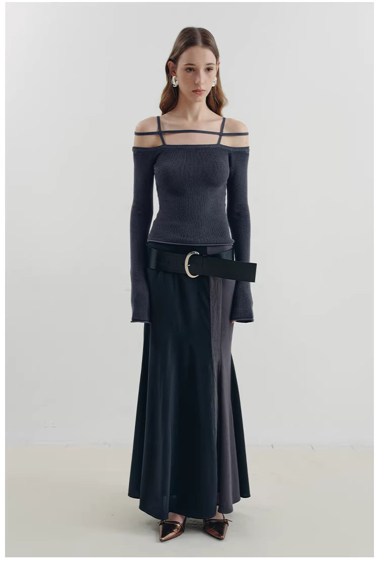 Geometric Strap Knit Long Sleeve Top