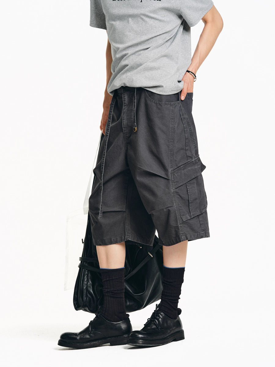 Drawstring Washed A-line Cargo Wide-Leg Shorts