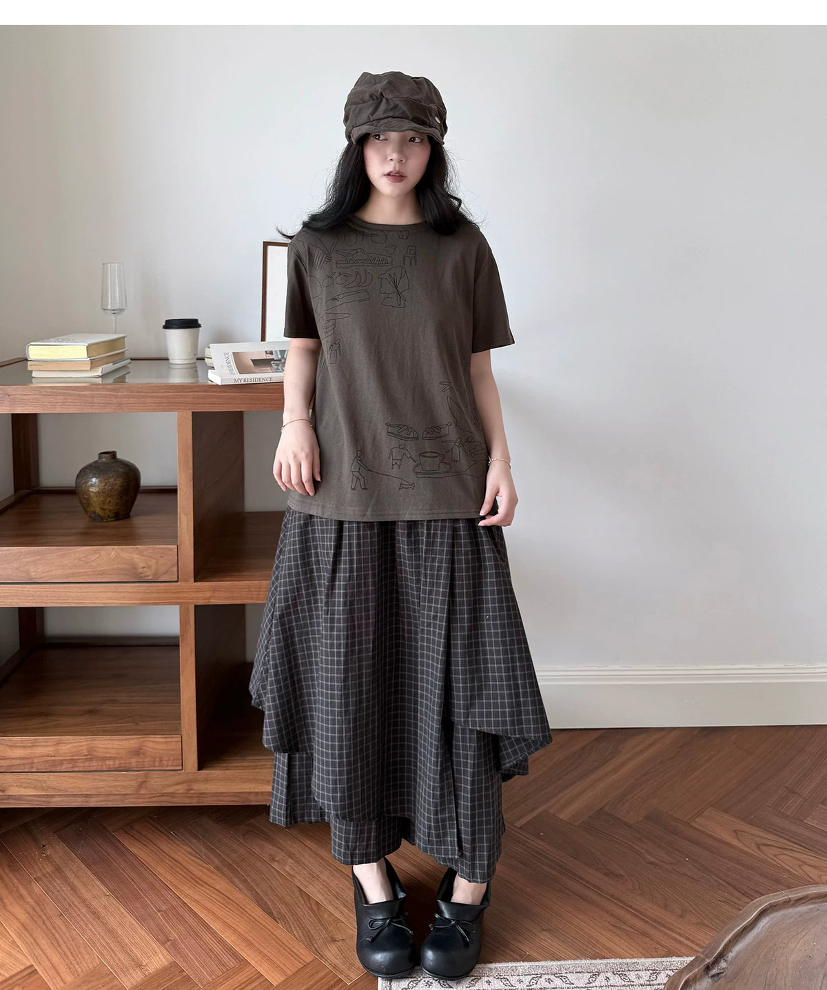 Layered Check Wide-Leg Skirt Trousers