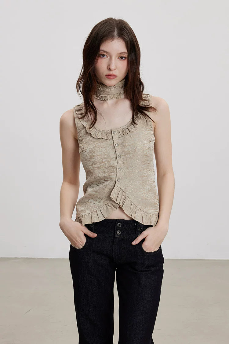 Washed Brocade Ruffle Choker Top