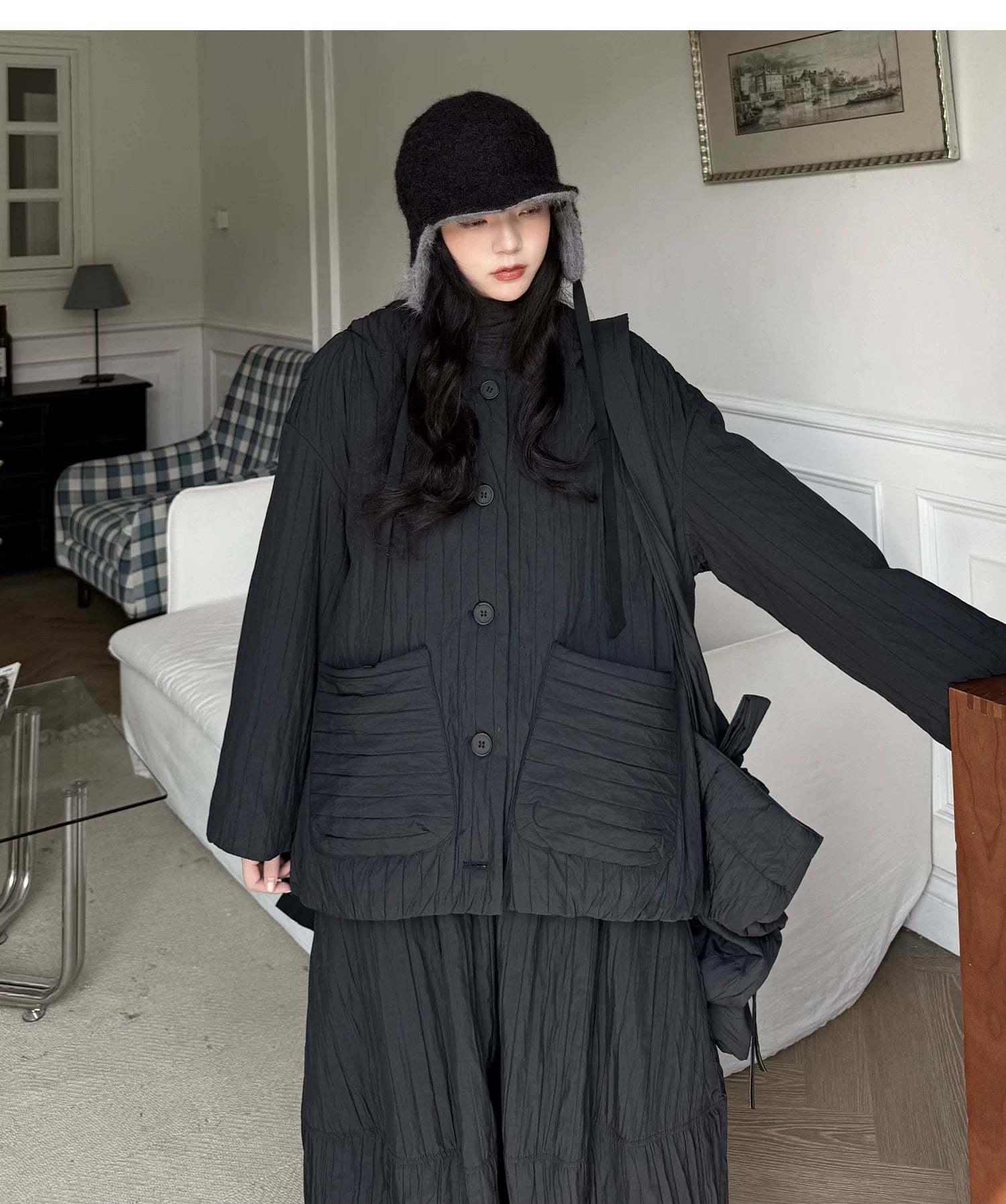 Crinkled Quilted Utility Jacket – Black