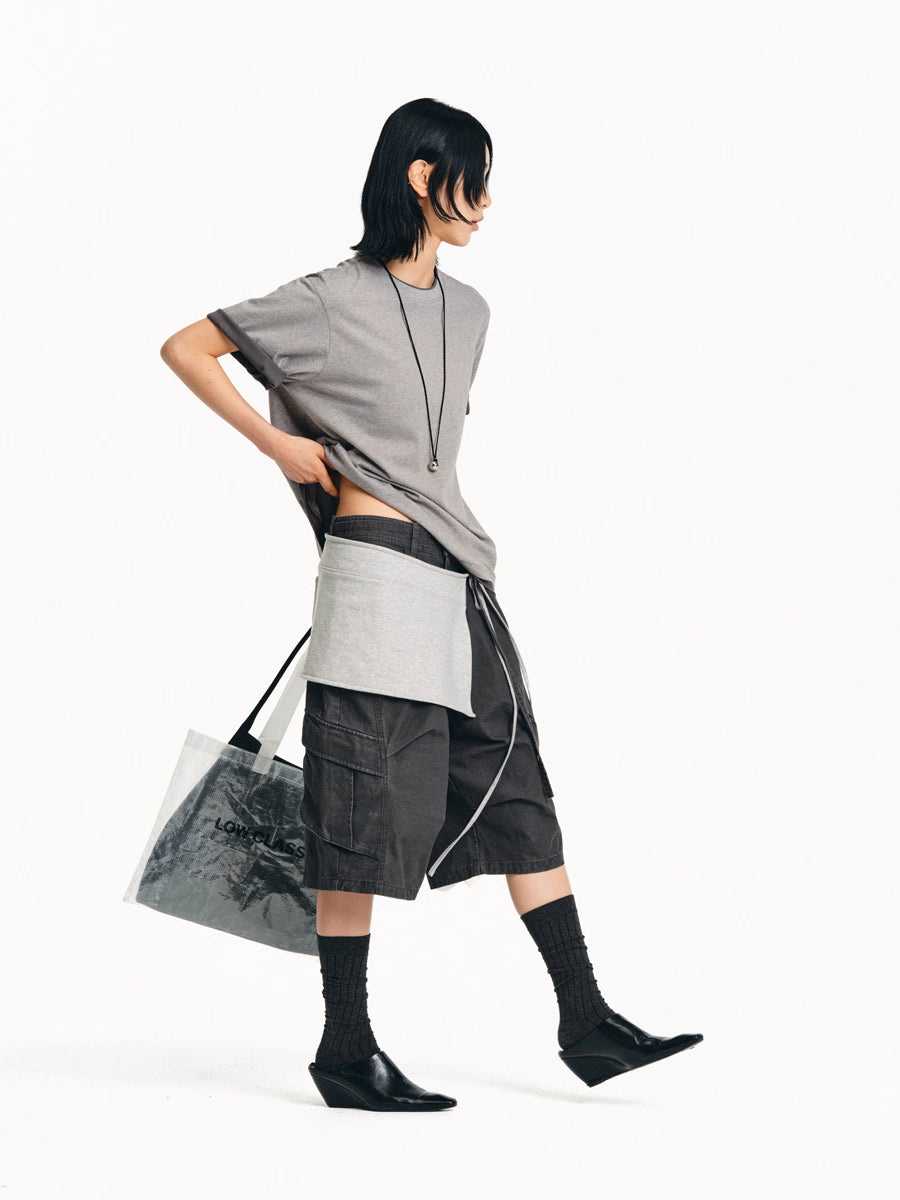 Drawstring Washed A-line Cargo Wide-Leg Shorts