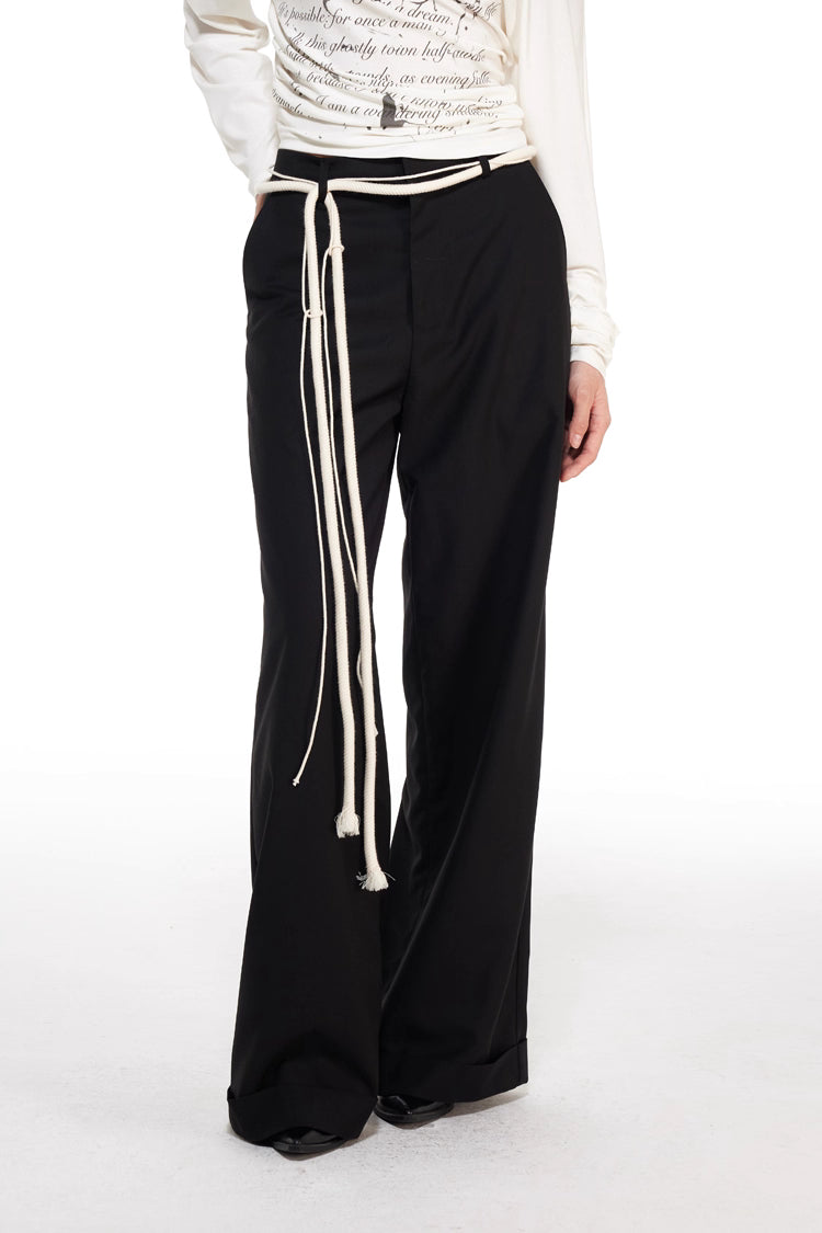 Wide-Leg Trousers with Cord Belt in Black Ink