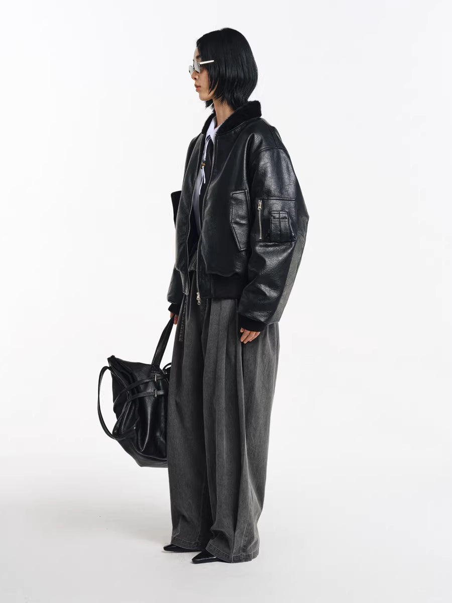 Deconstructed Wide-Leg Charcoal Trousers