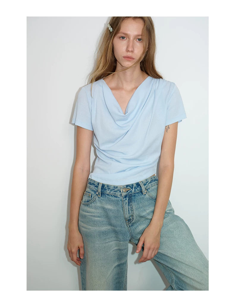 Ruched Cowl Neck Cotton Top