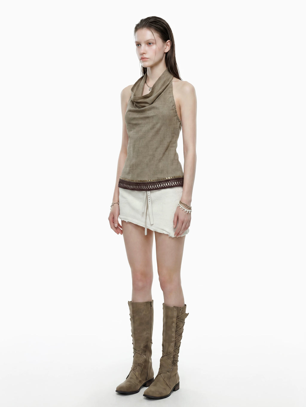 Studded Check Cowl Halter Top