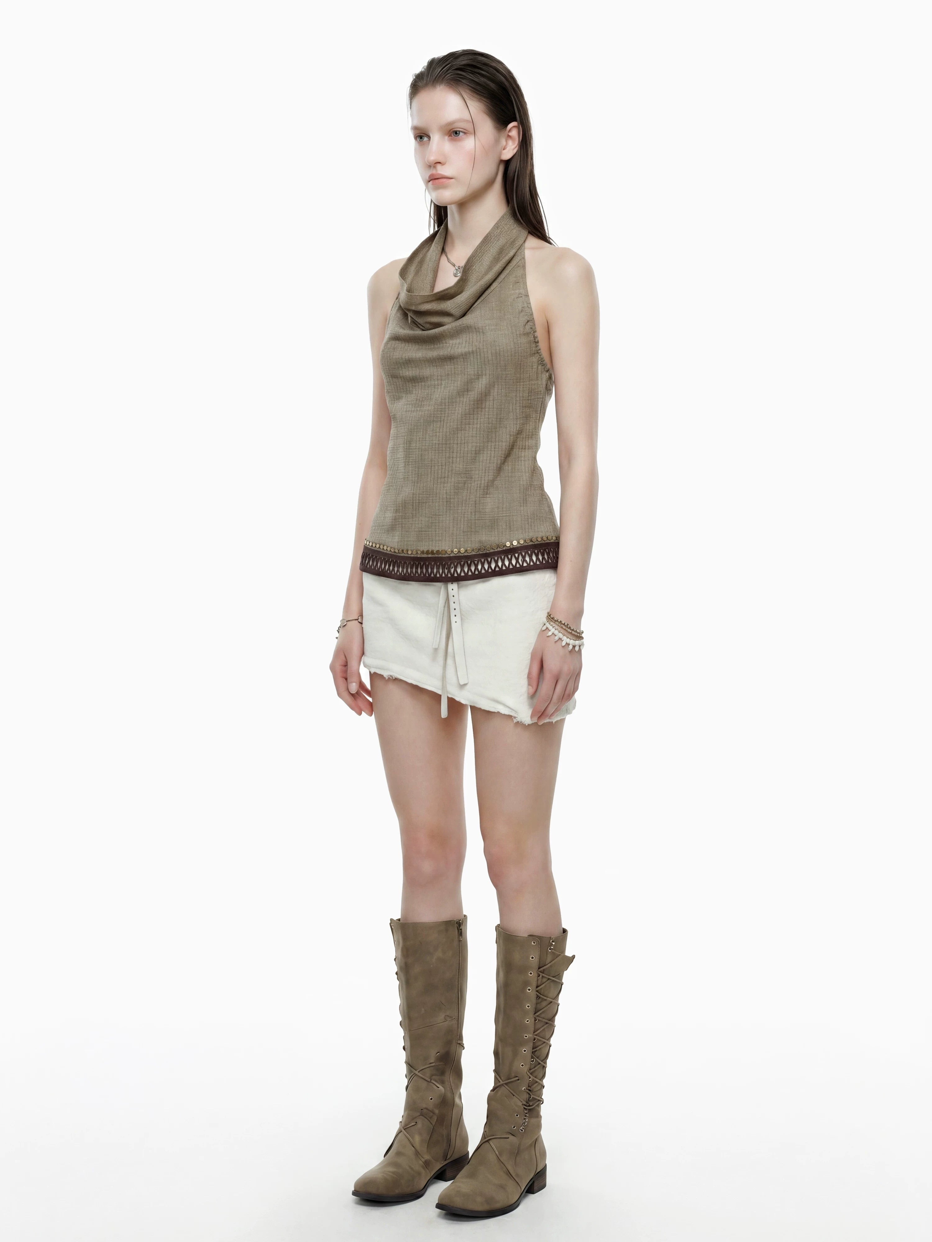 Studded Check Cowl Halter Top