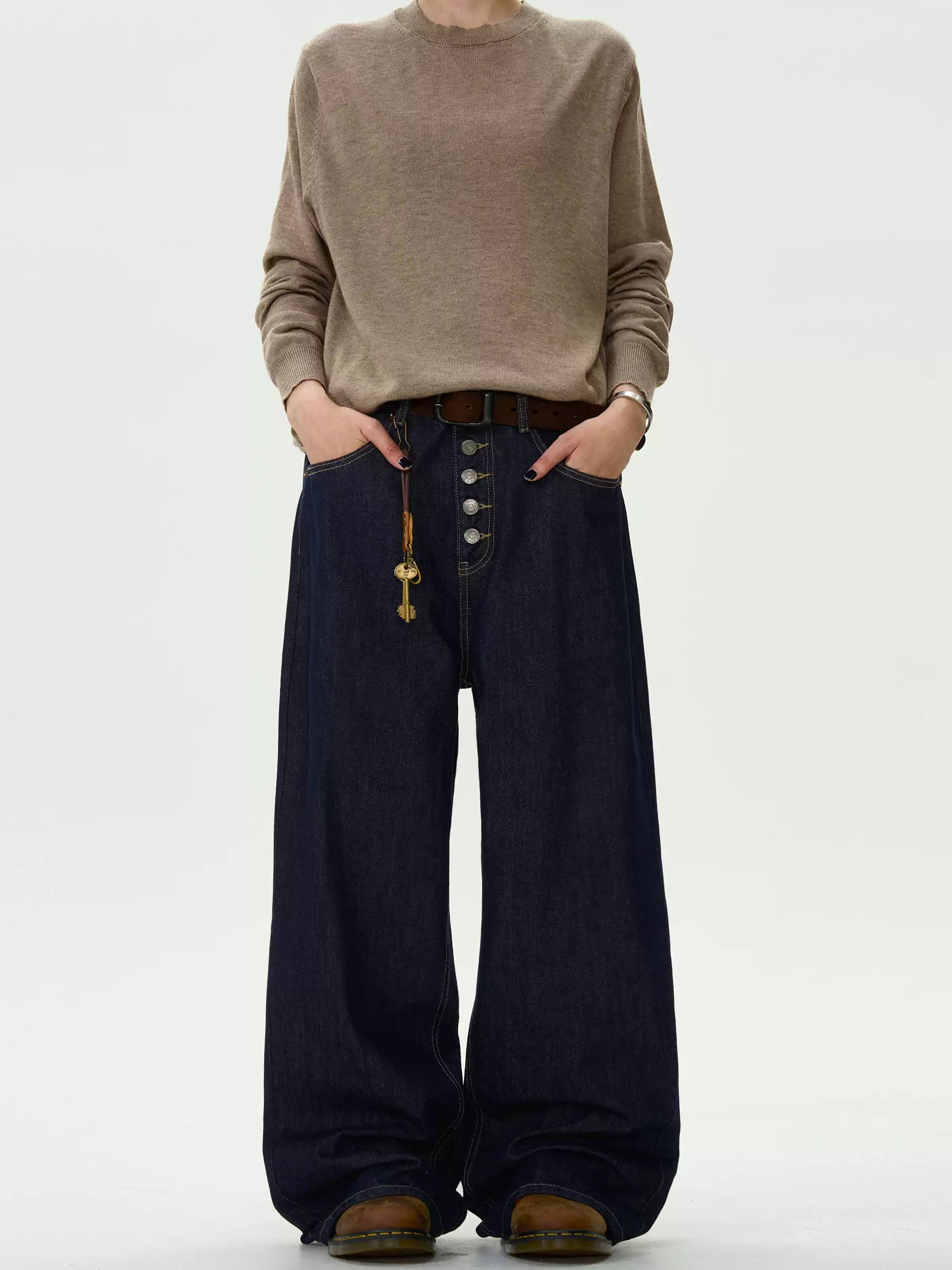 Button Fly Wide-Leg Raw Denim