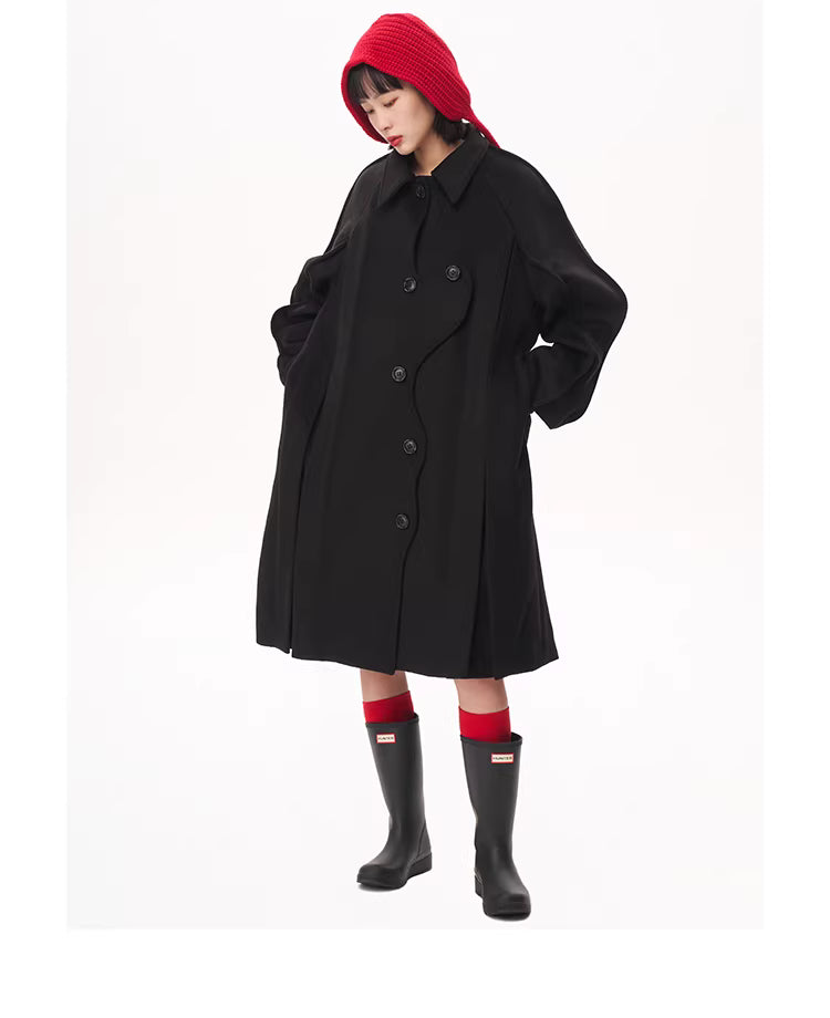 Asymmetrical Wave Placket Wool-Blend Coat