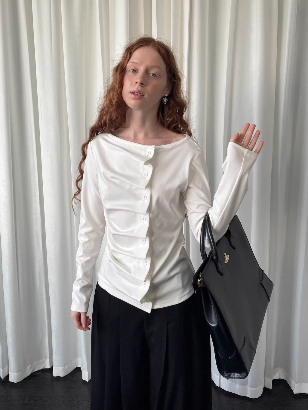 Linear Fold Placket Long Sleeve Top