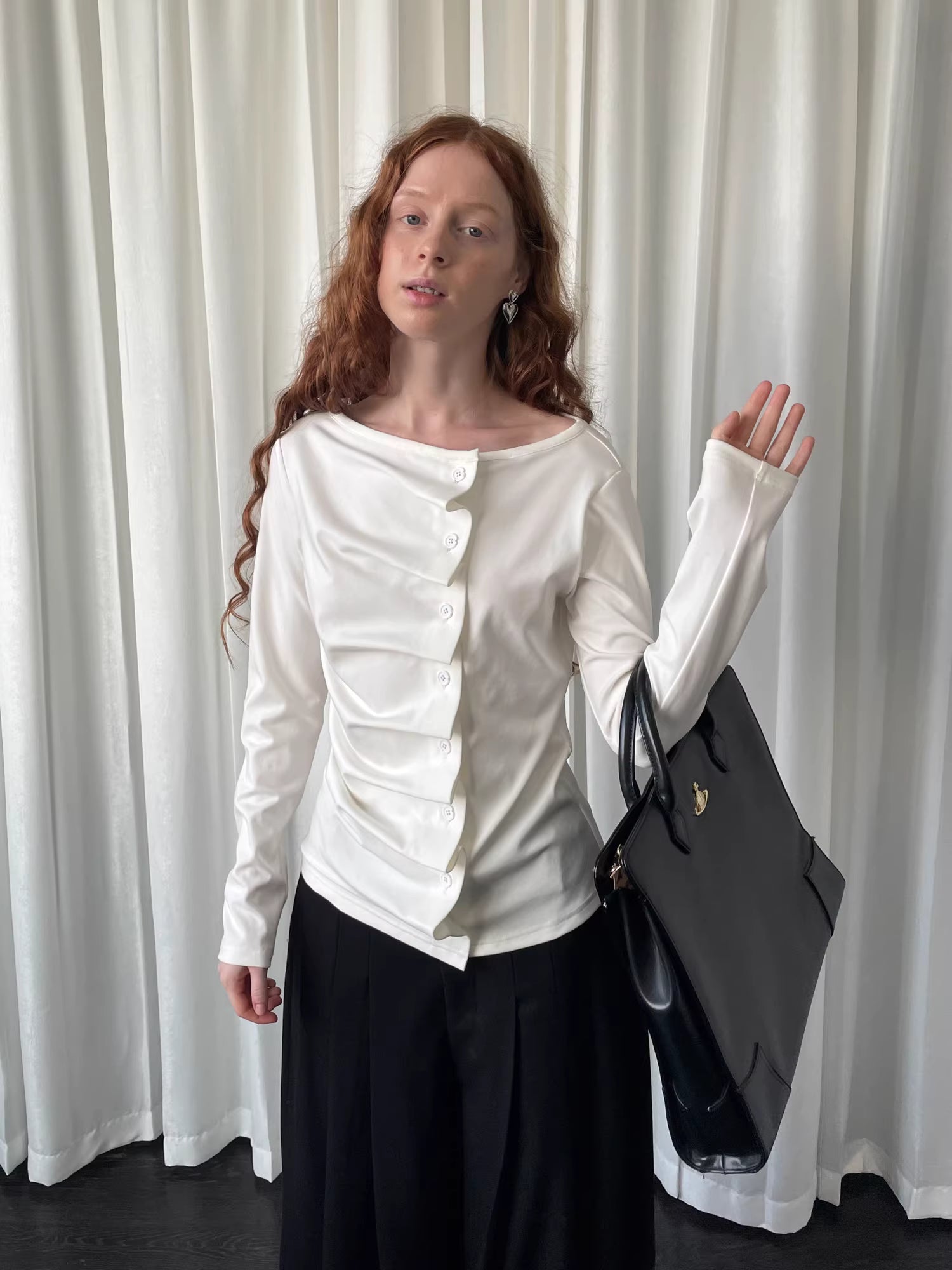 Linear Fold Placket Long Sleeve Top