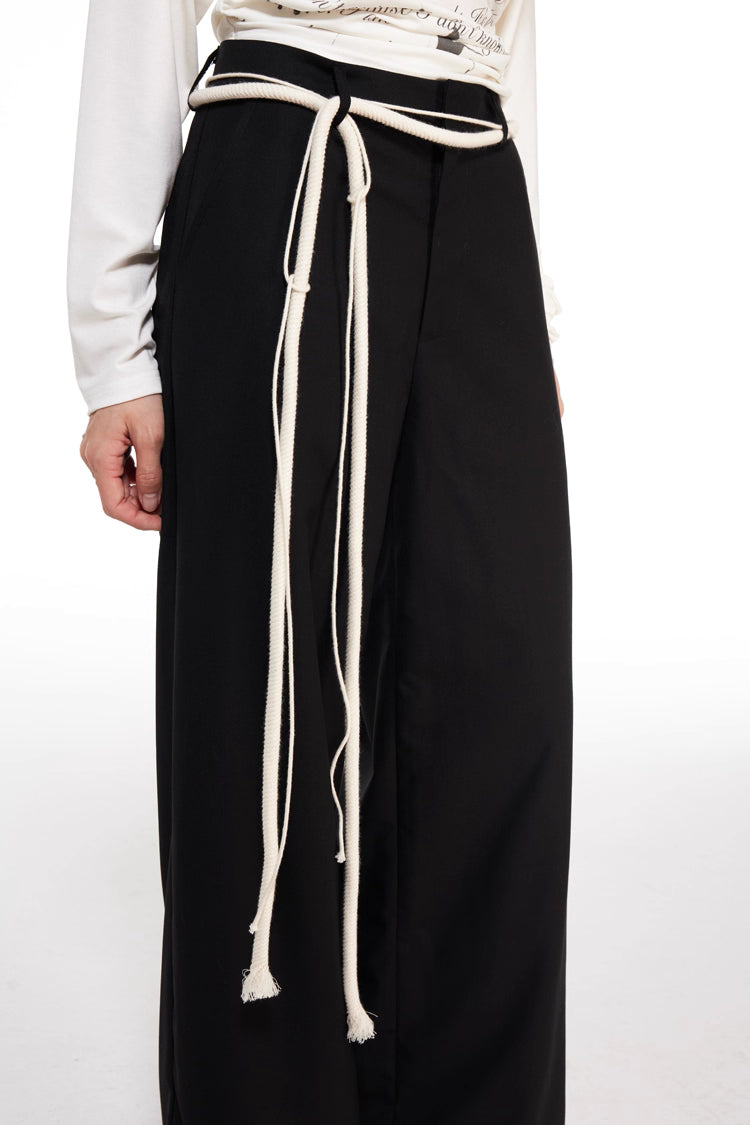 Wide-Leg Trousers with Cord Belt in Black Ink