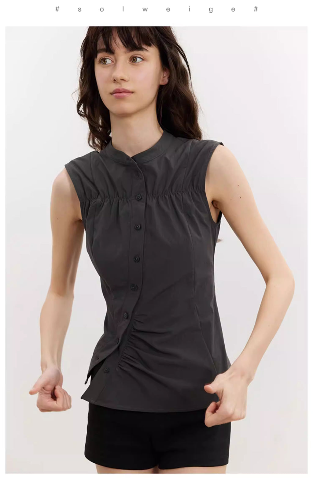 Asymmetric Button Blouse in Beige or Charcoal