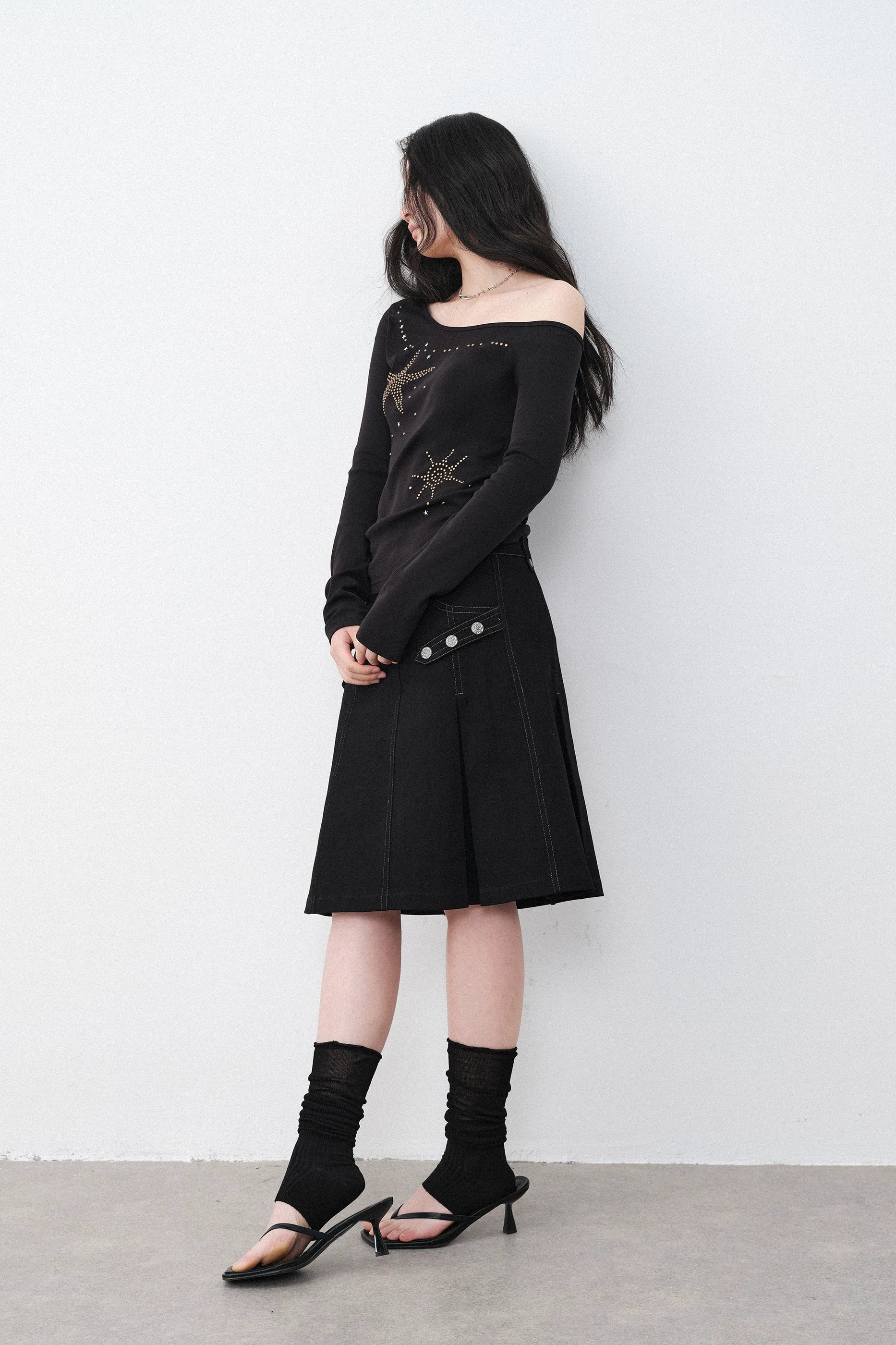 Silver Hardware Pleated Midi-Skirt