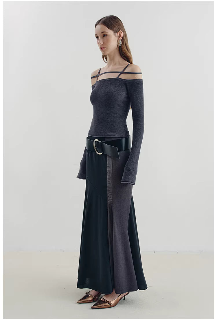 Geometric Strap Knit Long Sleeve Top