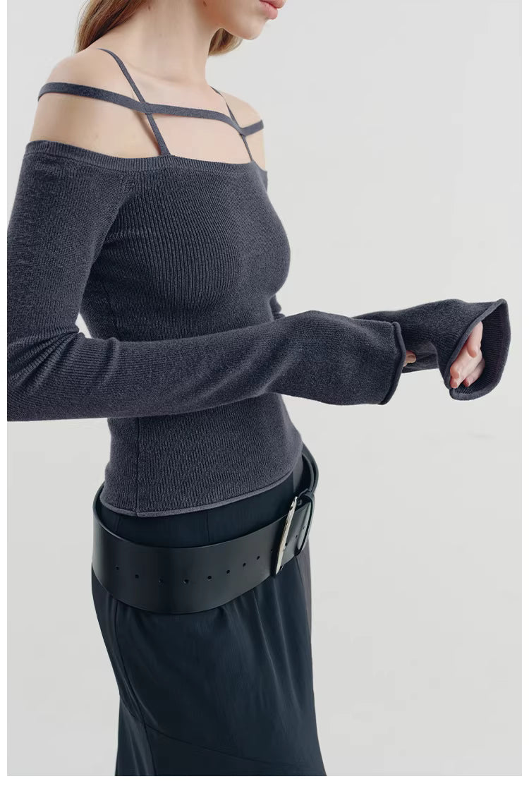 Geometric Strap Knit Long Sleeve Top