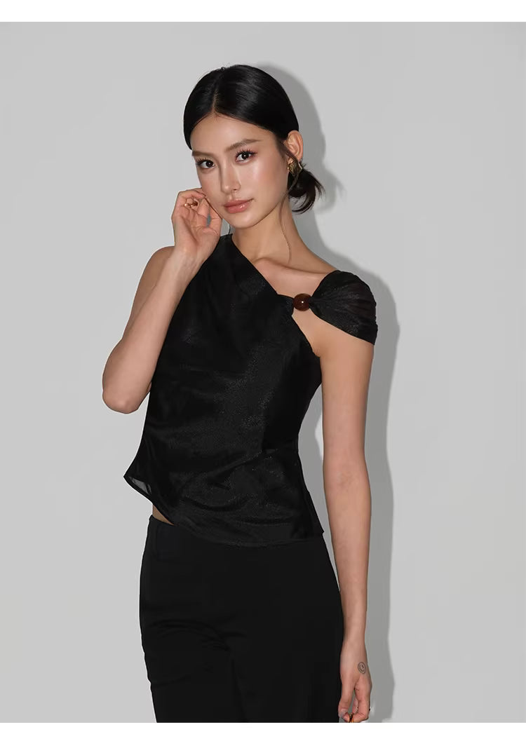 Beaded One Shoulder Top in Black Ink or White