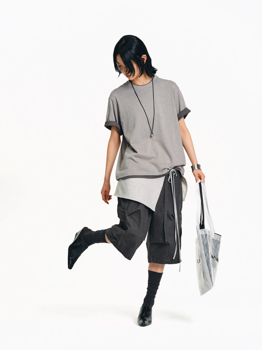 Drawstring Washed A-line Cargo Wide-Leg Shorts