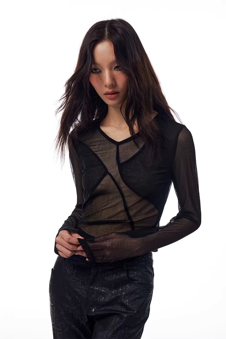 Geometric Seamed Sheer Mesh Long-Sleeve Top in Black Ink or White