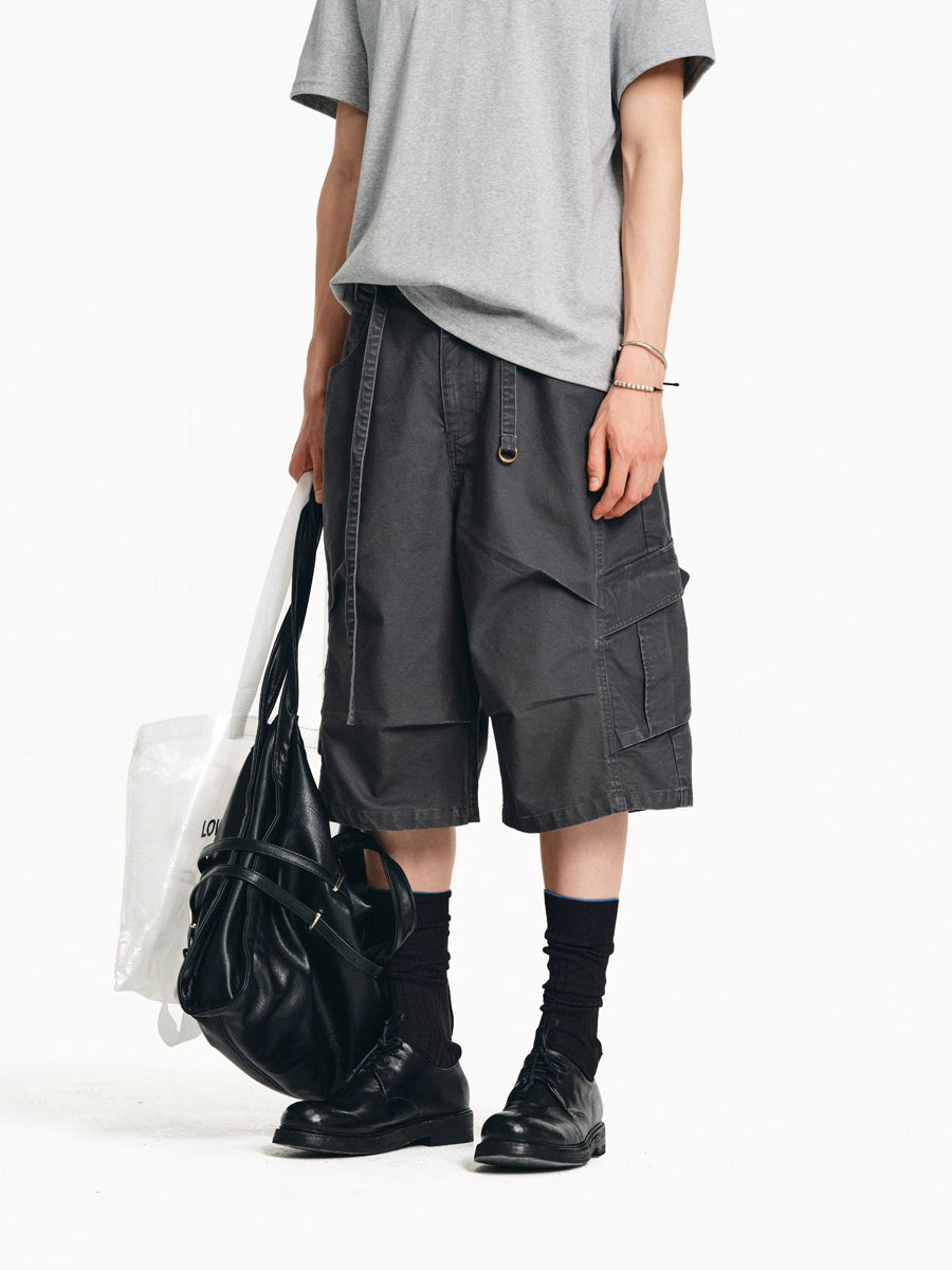 Drawstring Washed A-line Cargo Wide-Leg Shorts