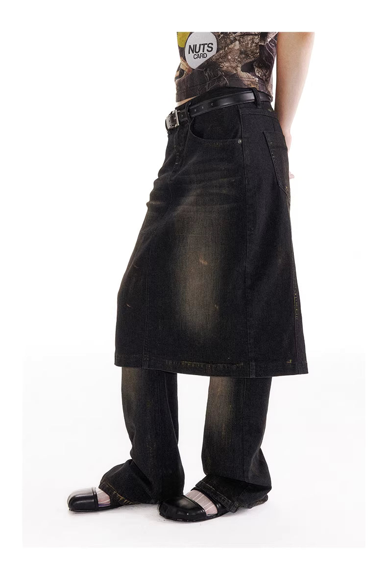 Shadow Wave Denim Skirt-Pant