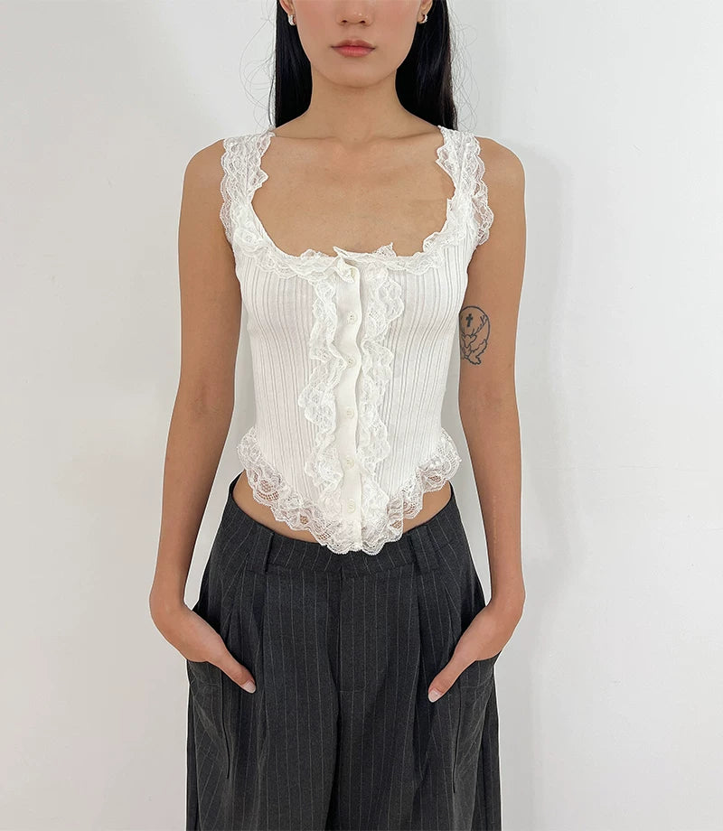 Lace Trim Pointelle Corset Tank