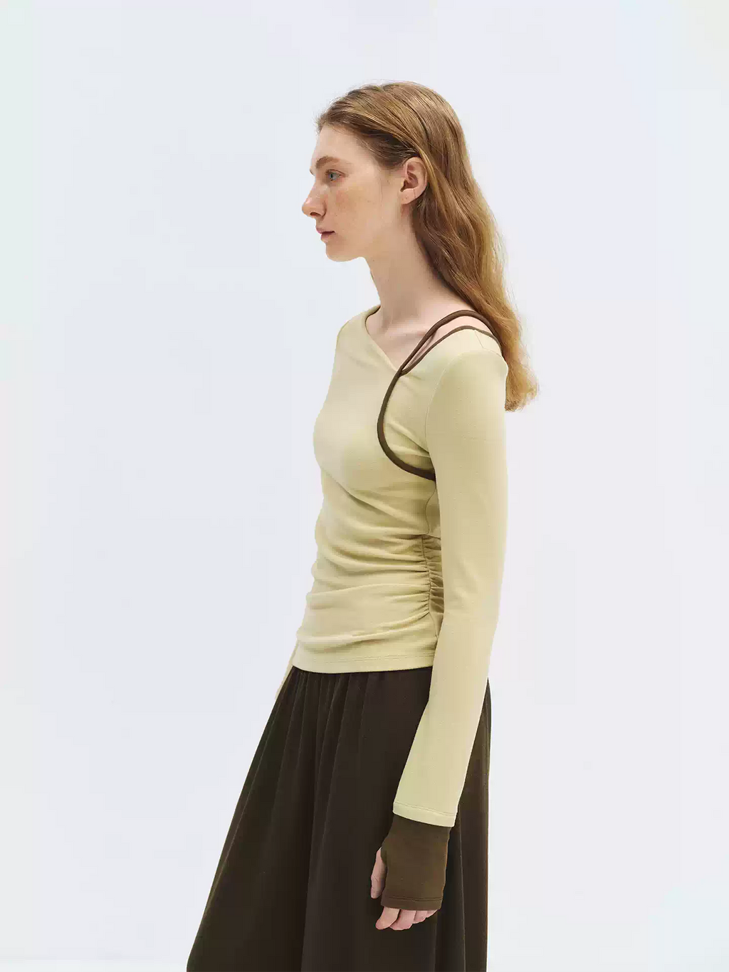 Contrast Trim Ruched Long Sleeve Top