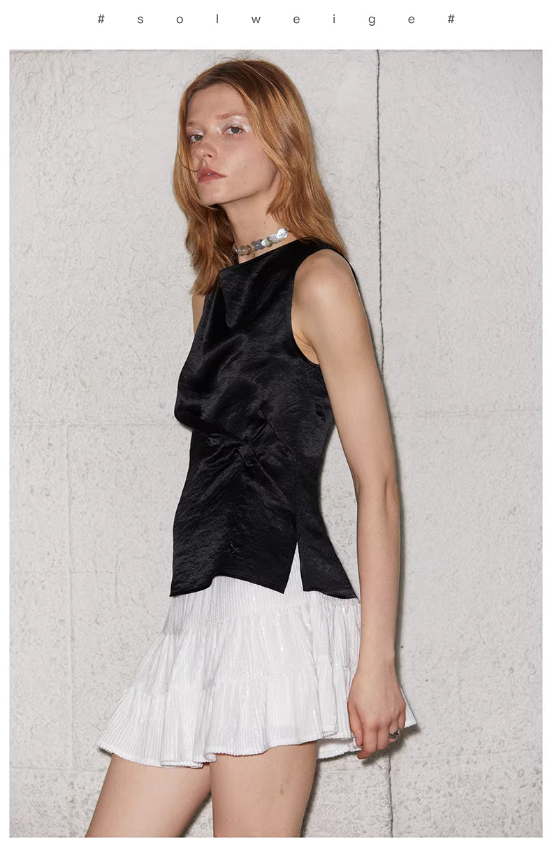 Crinkled Satin Cowl-Neck Top with Button-Back Detail