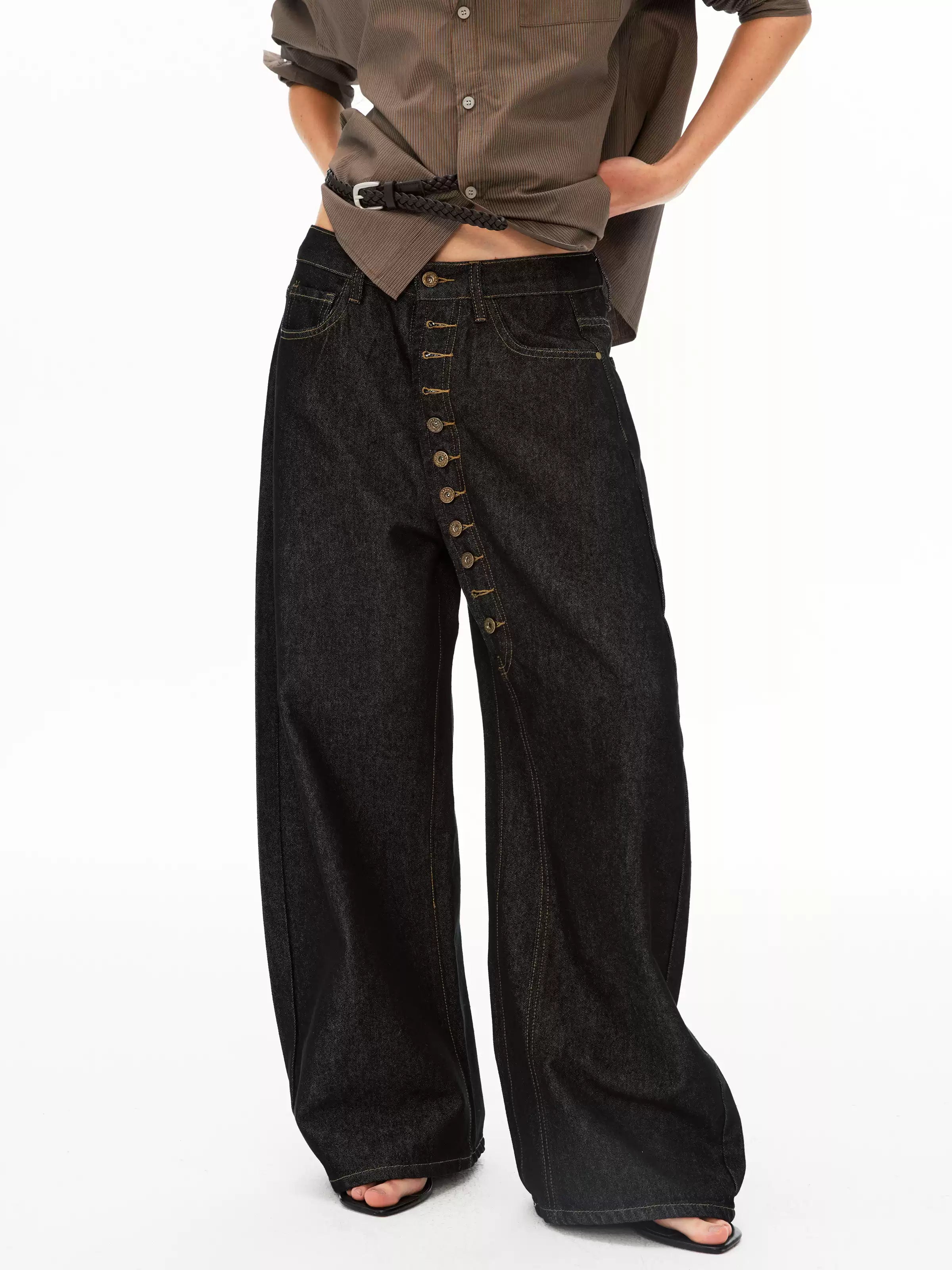 Asymmetric Button Fly Wide-Leg Denim