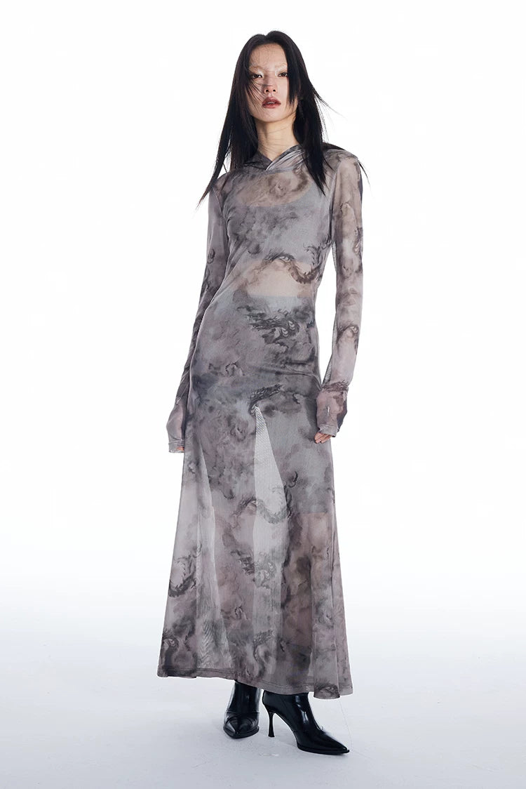 Dragon Veil Hooded Mesh Maxi Dress
