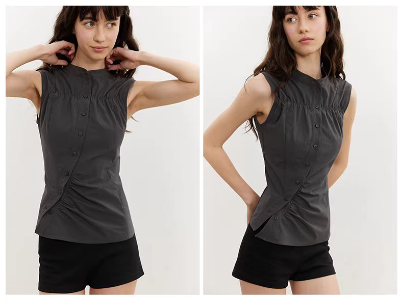 Asymmetric Button Blouse in Beige or Charcoal