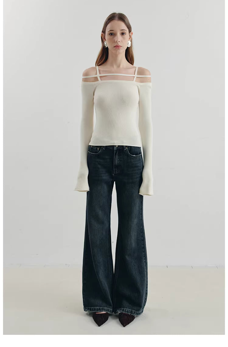 Geometric Strap Knit Long Sleeve Top