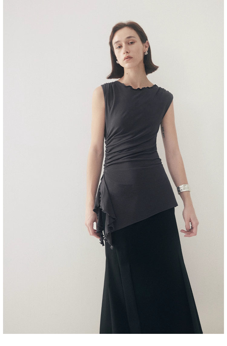 Ruffled Knit Top in Charcoal or Beige