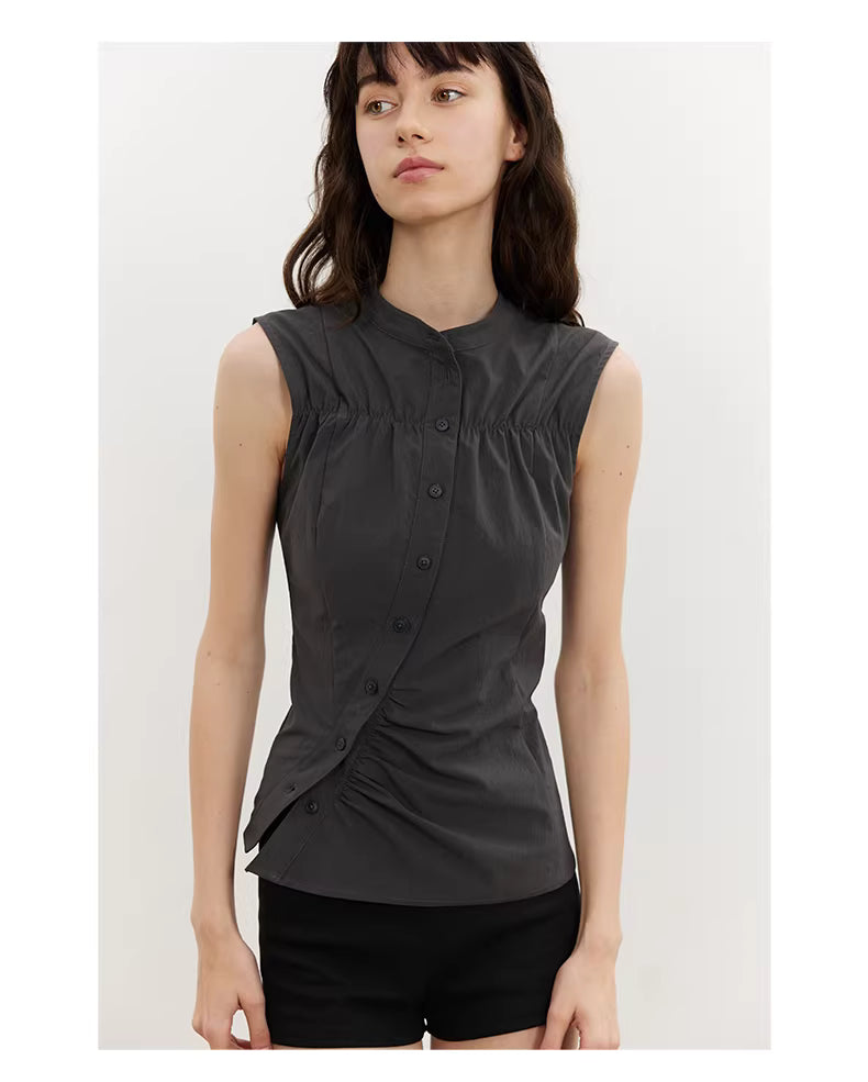 Asymmetric Button Blouse in Beige or Charcoal