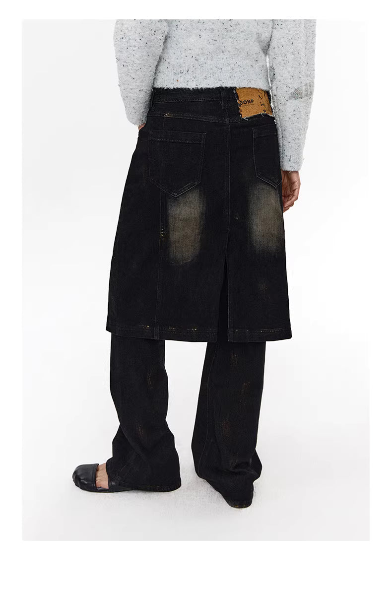 Shadow Wave Denim Skirt-Pant