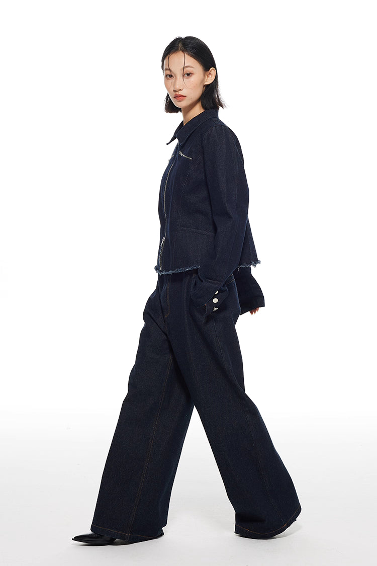 Double Zipper Distressed Denim Jacket