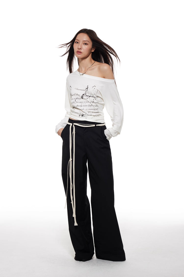 Wide-Leg Trousers with Cord Belt in Black Ink