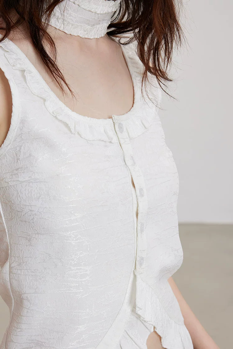 Washed Brocade Ruffle Choker Top