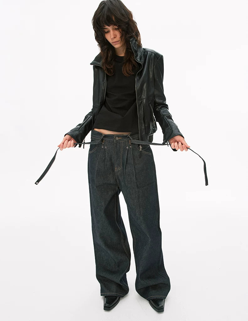 Pleated Wide-Leg Denim Trousers