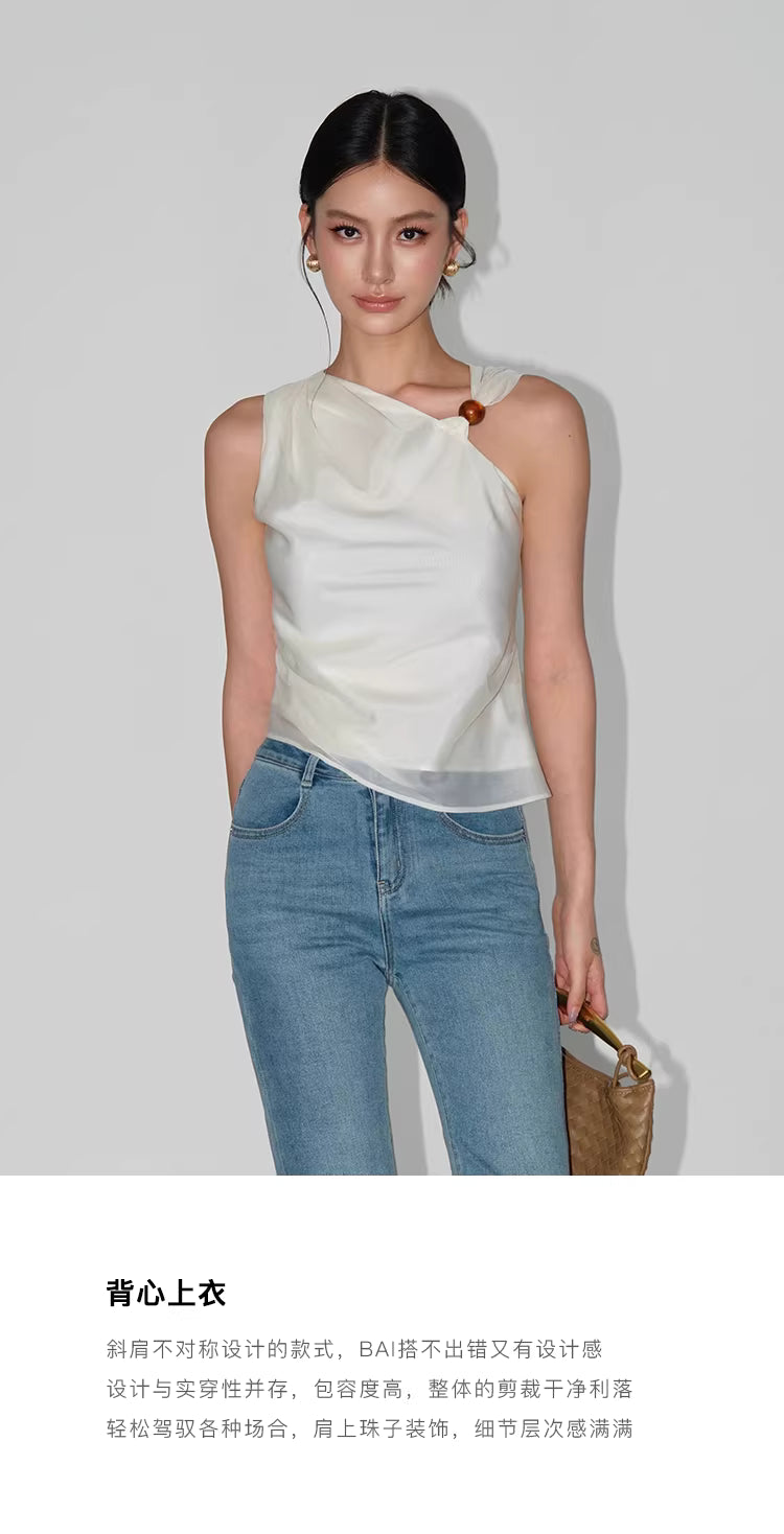Beaded One Shoulder Top in Black Ink or White