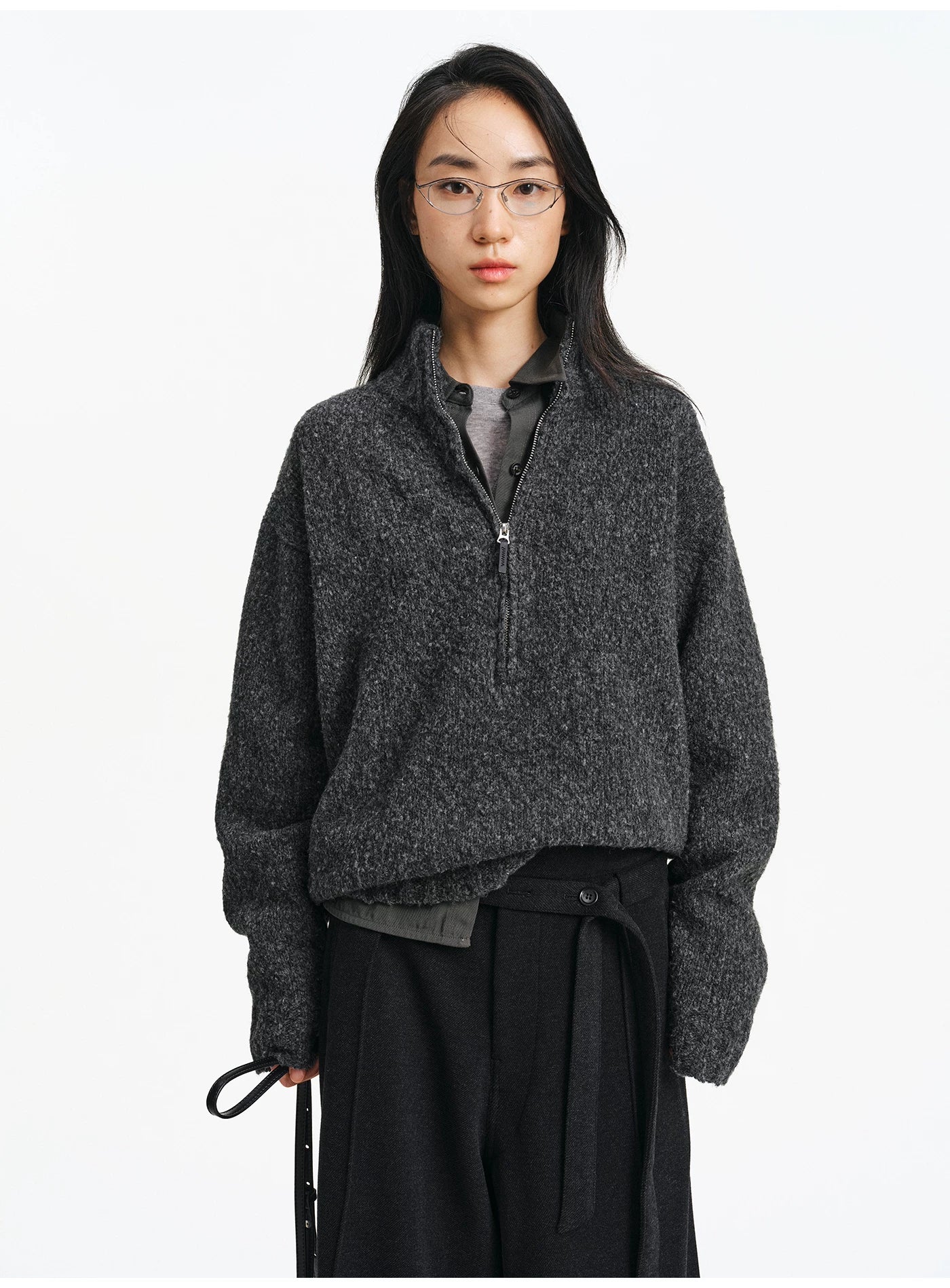 Textured Bouclé Half-Zip Knit – Charcoal