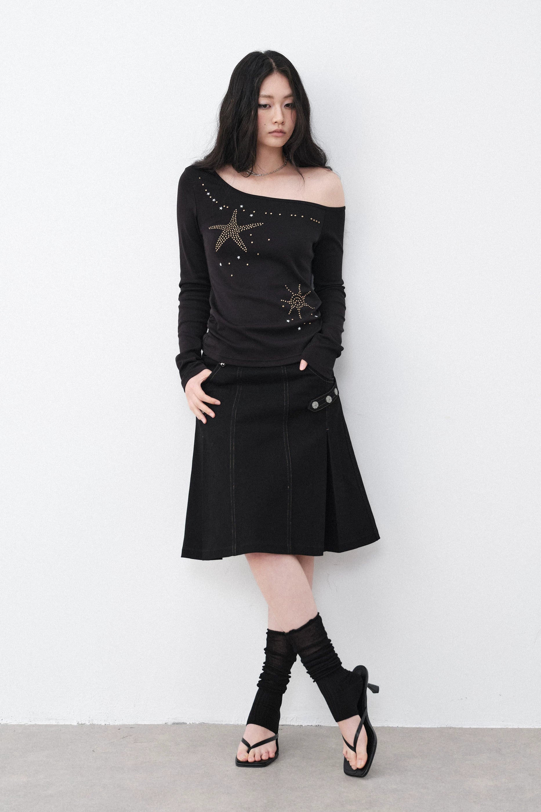 Silver Hardware Pleated Midi-Skirt