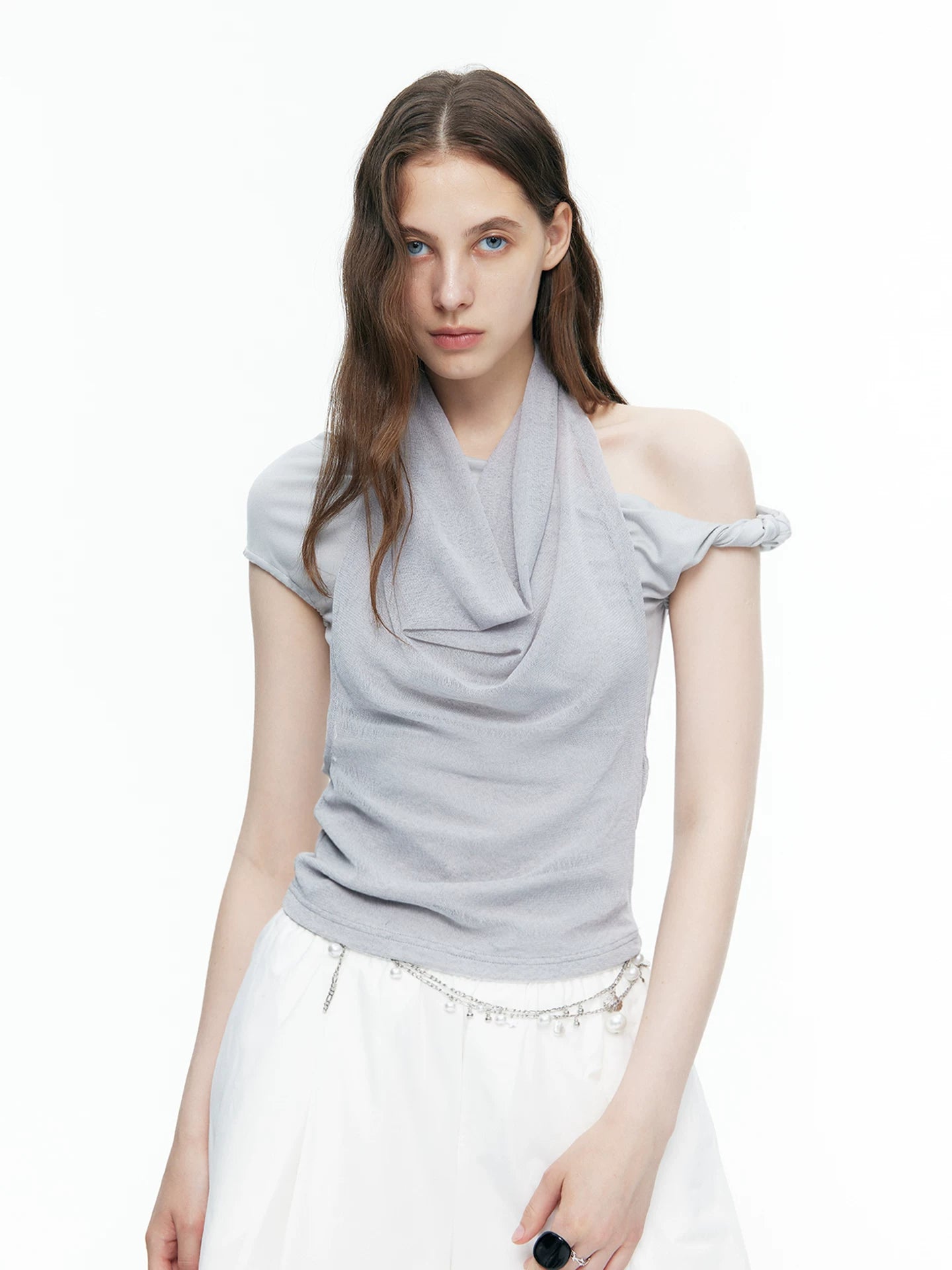 Asymmetric Scarf-Neck Knit Top