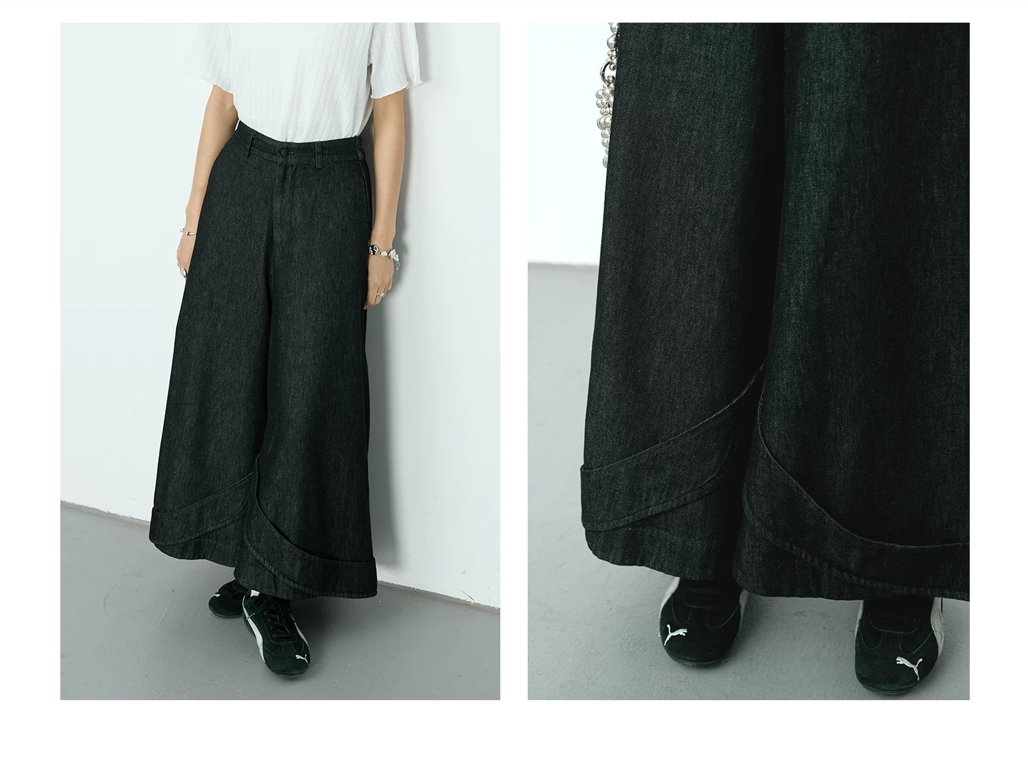 Curved Seam Wide-Leg Denim Trousers
