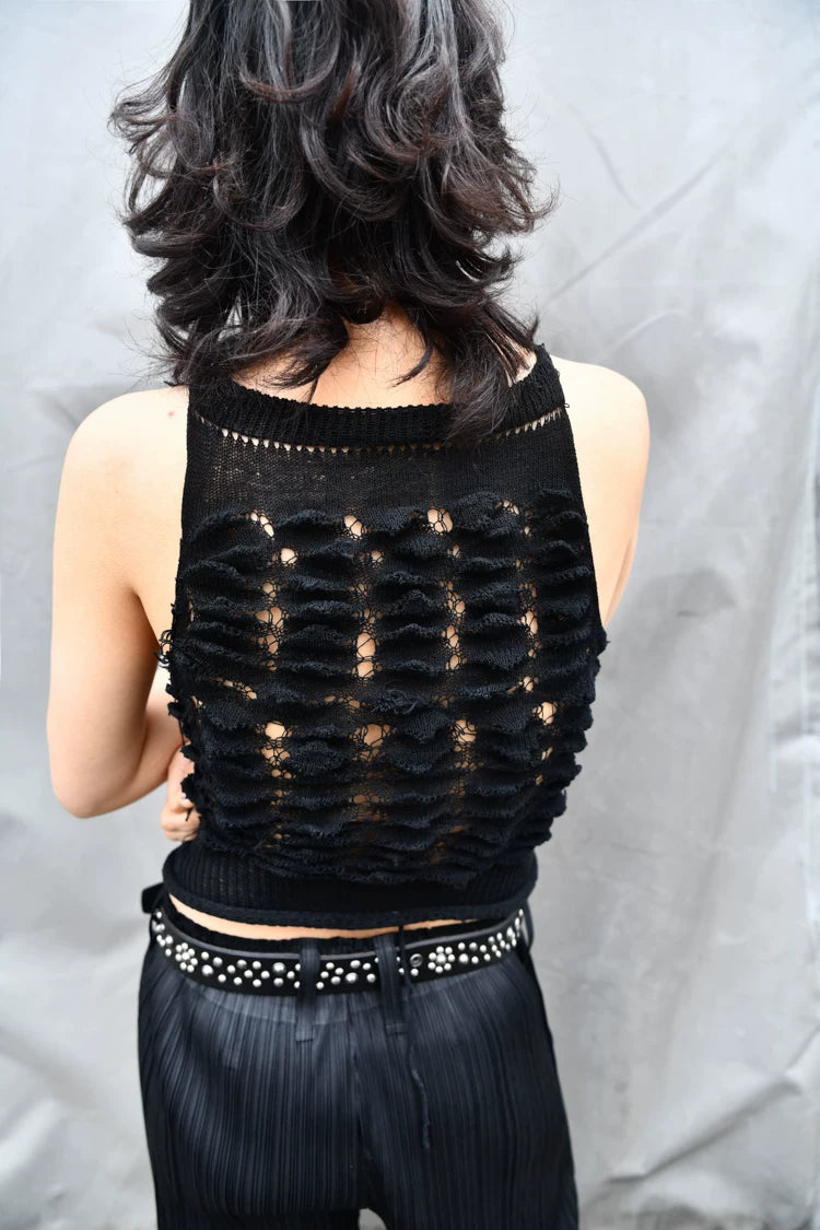 Distressed Open-Knit Halter Top
