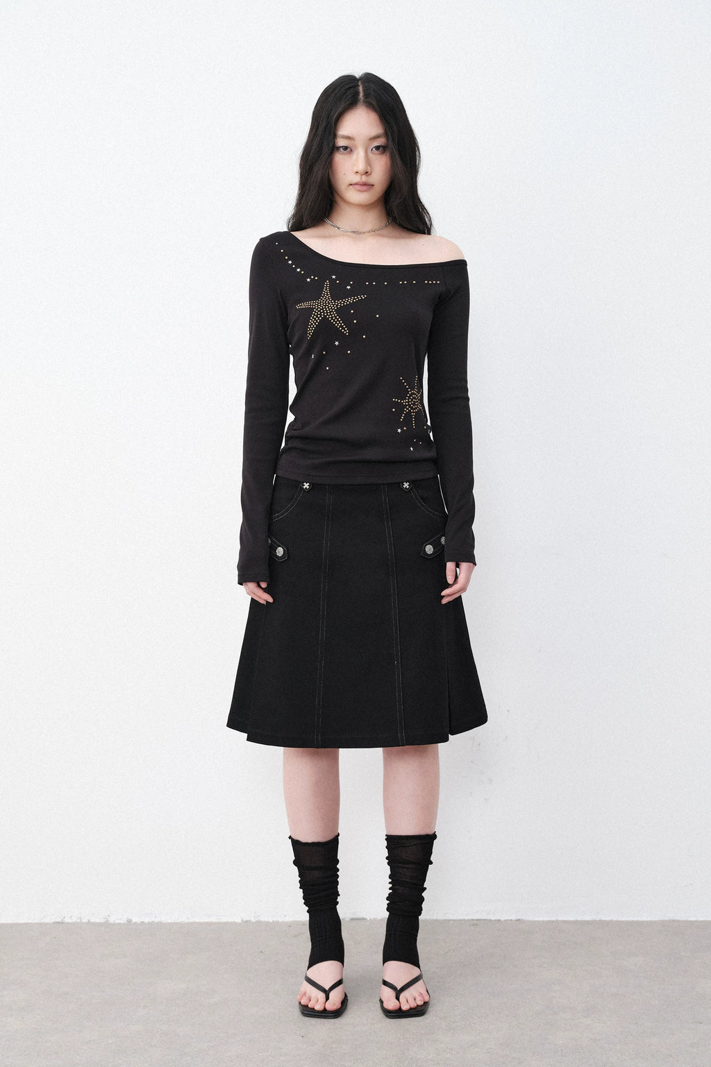 Silver Hardware Pleated Midi-Skirt