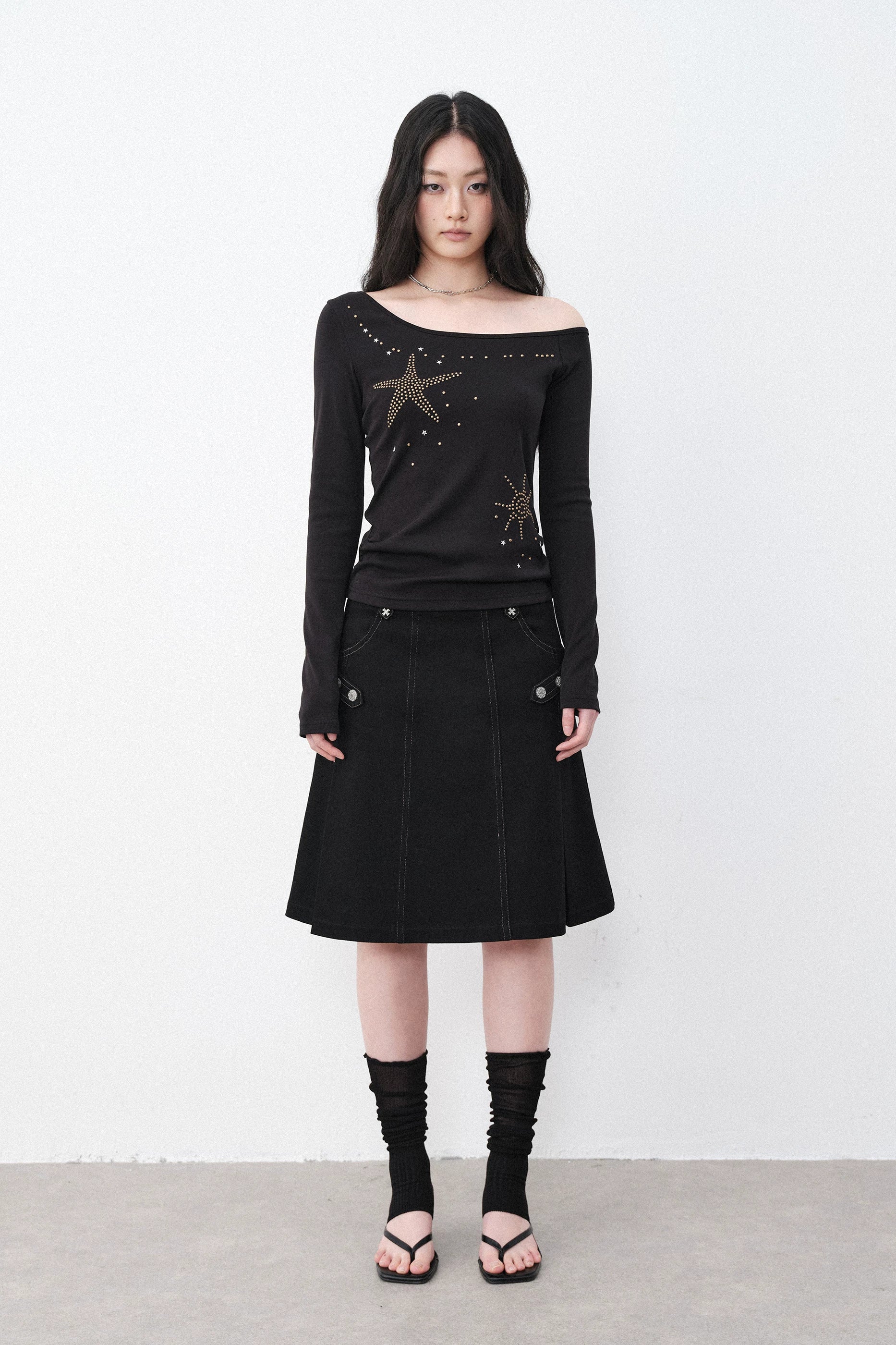 Silver Hardware Pleated Midi-Skirt