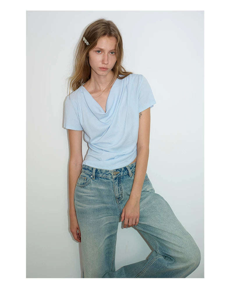 Ruched Cowl Neck Cotton Top