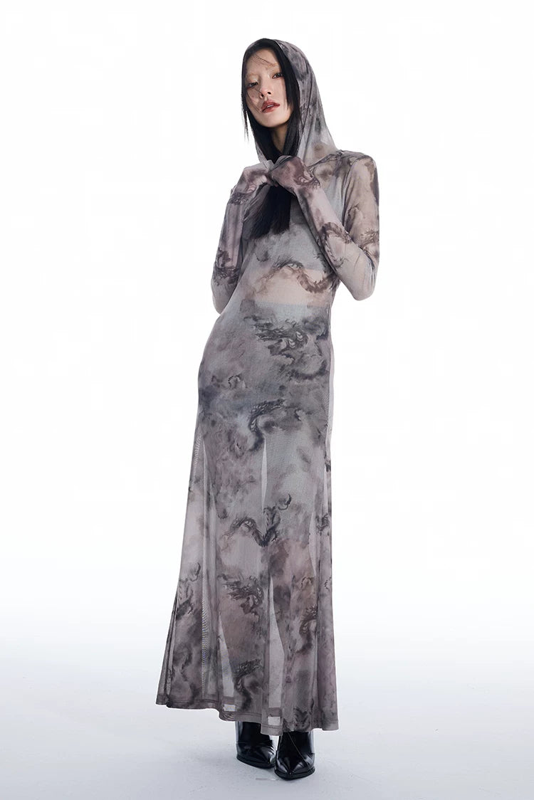 Dragon Veil Hooded Mesh Maxi Dress