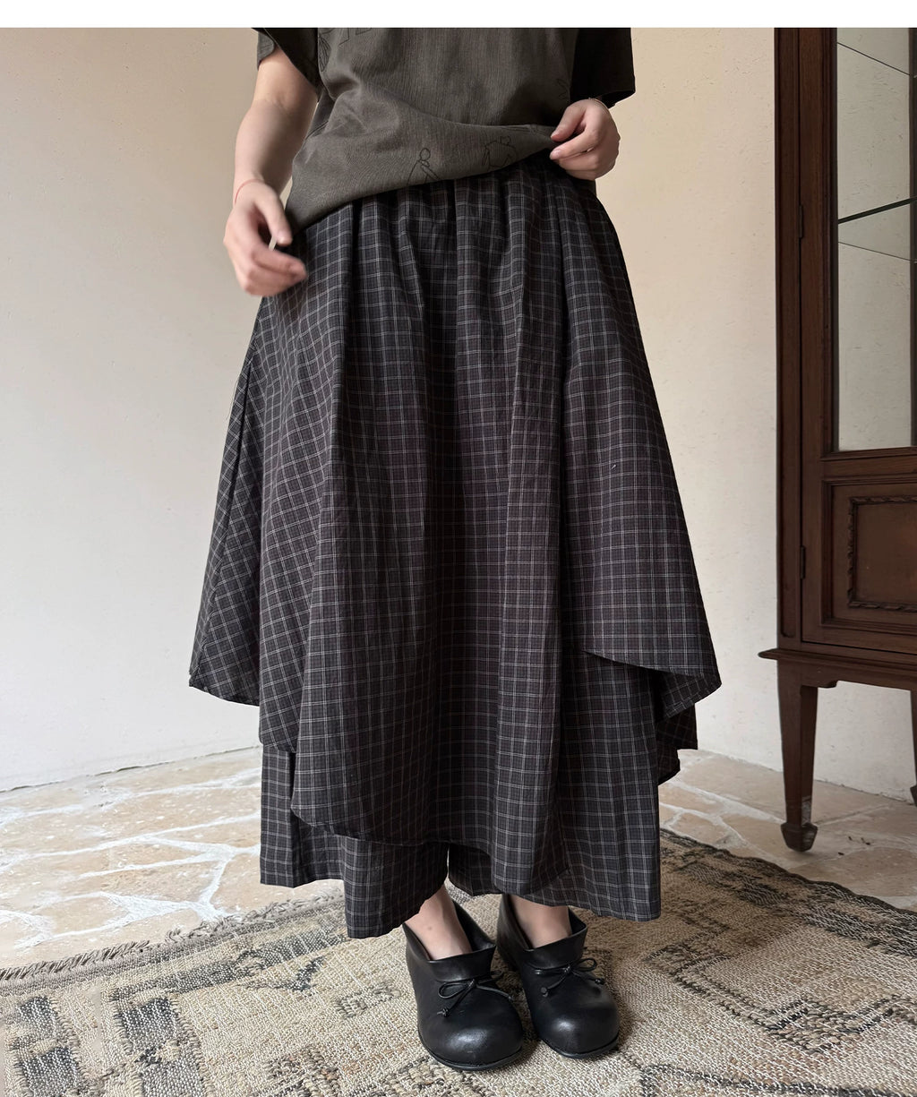 Layered Check Wide-Leg Skirt Trousers